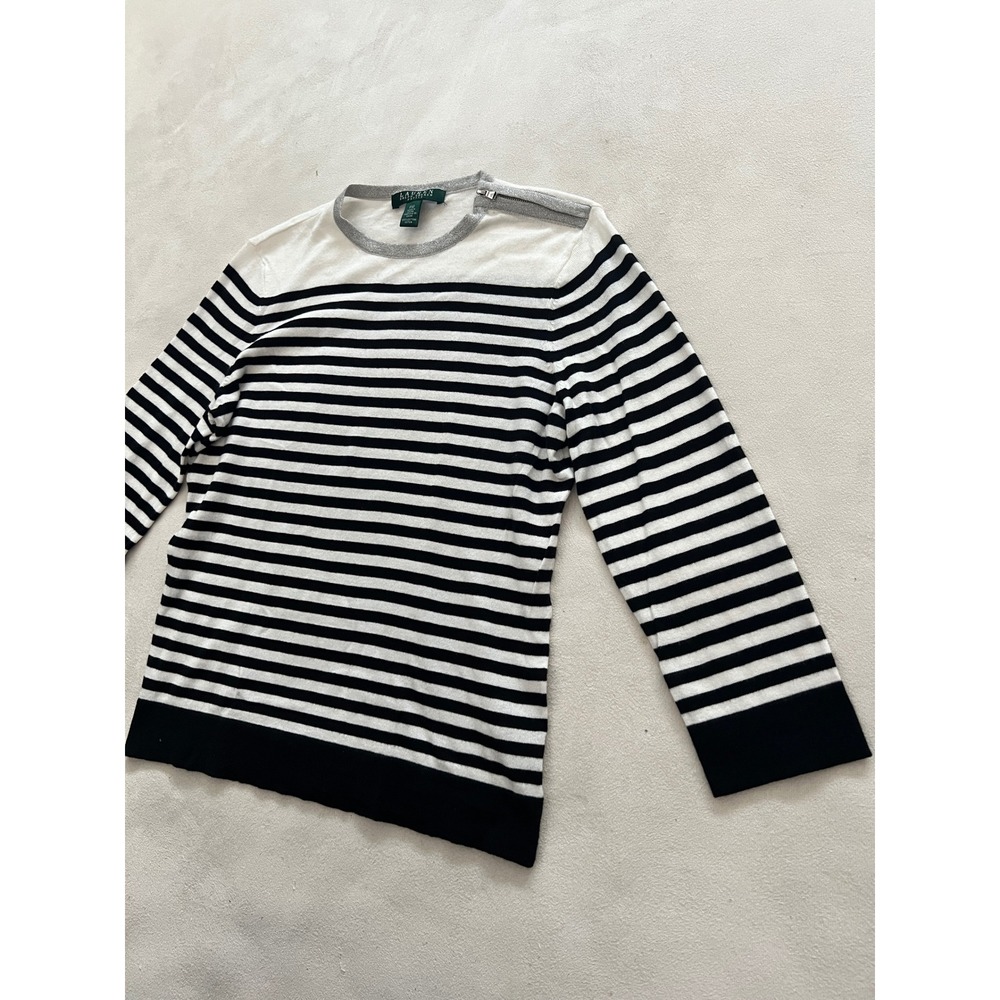Lauren Ralph Lauren Petite Striped Sweater White Black Gray Zip Shoulder Cotton - Picture 2 of 13